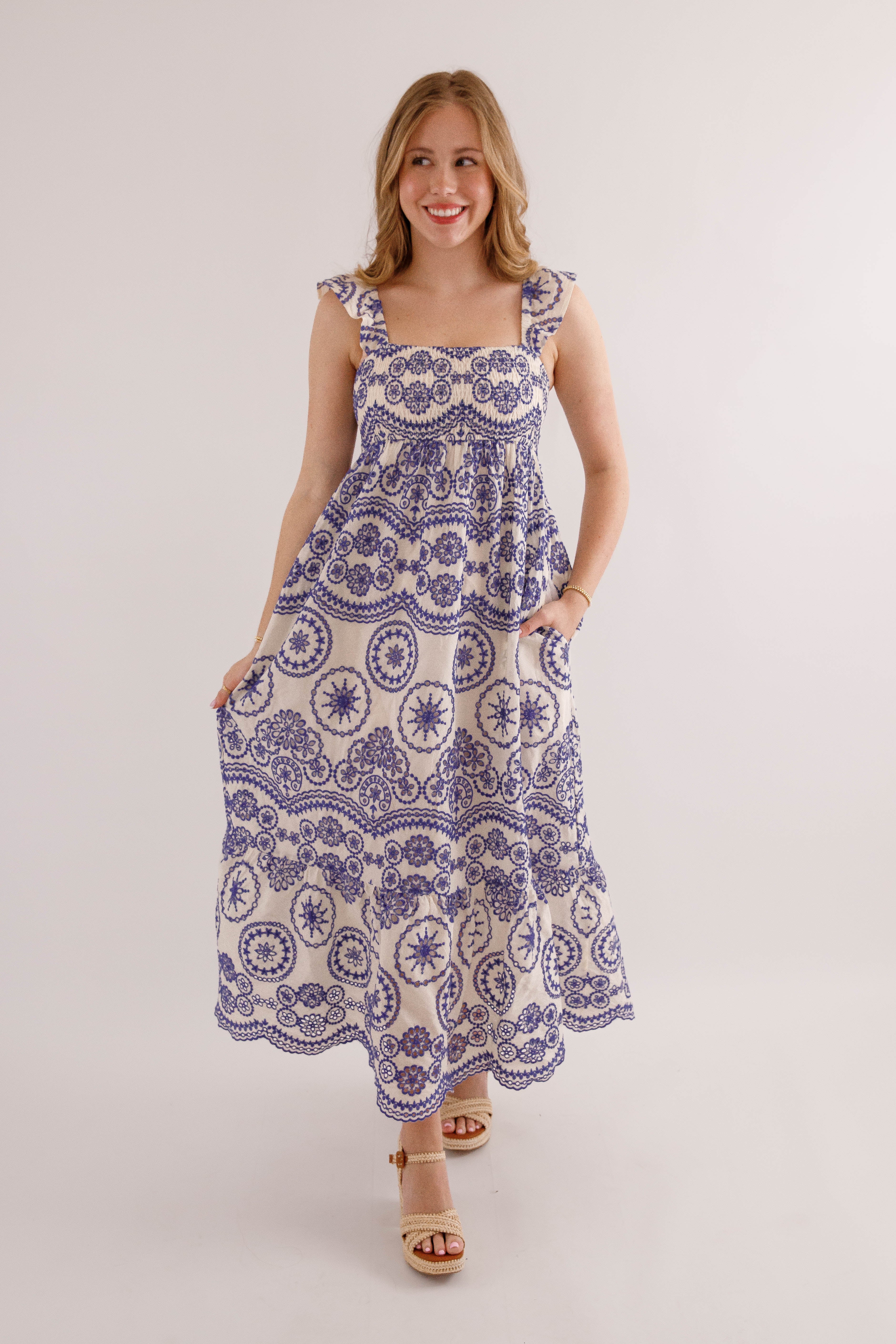 Embroidered Blue and White Dress- In Loom Embroidered Dress – Juliana's