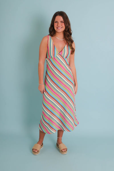 Rainbow Knit Midi Dress- Women's Vacation Dresses- Colorful Knit Dress