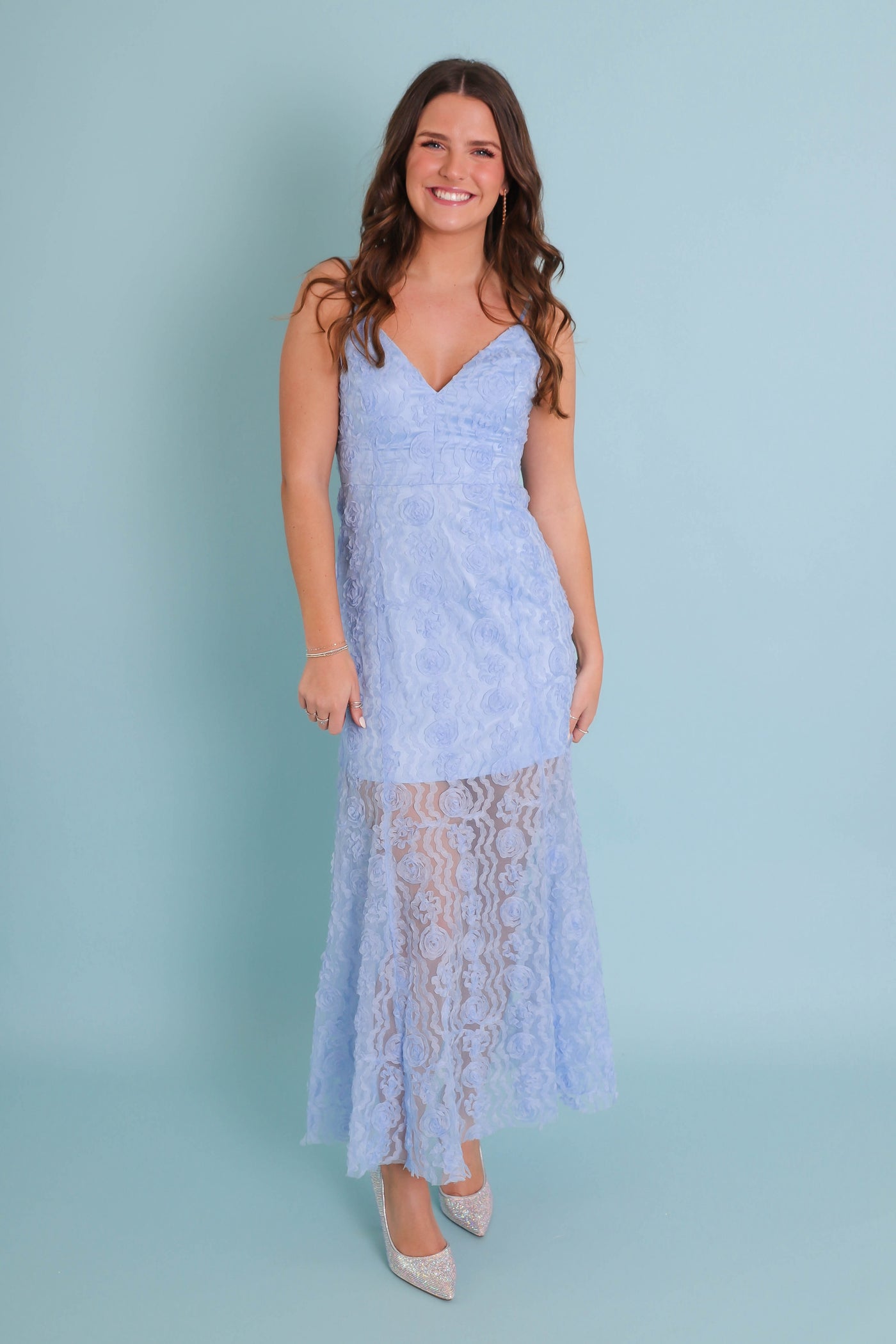Baby Blue 3D Floral Dress- Floral Lace Midi Dress- Women's 3D Flower Dress