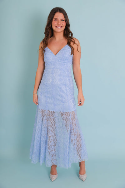 Baby Blue 3D Floral Dress- Floral Lace Midi Dress- Women's 3D Flower Dress