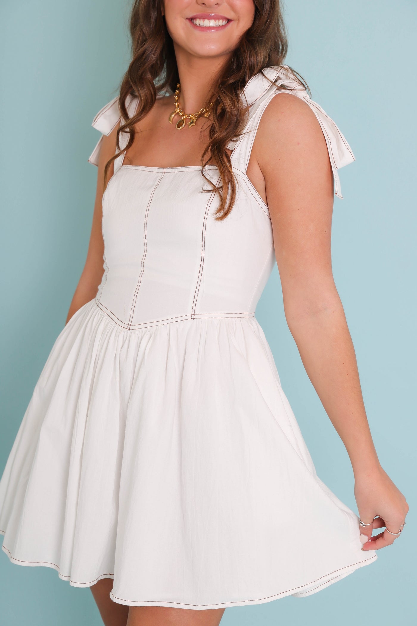 White Denim Mini Dress- Coastal Cowgirl Dresses- Women's White Mini Dress