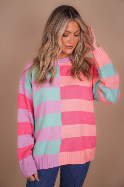 Women's Rainbow Stripe Sweater- Women's Colorful Oversized Sweater- Peach Love Sweaters