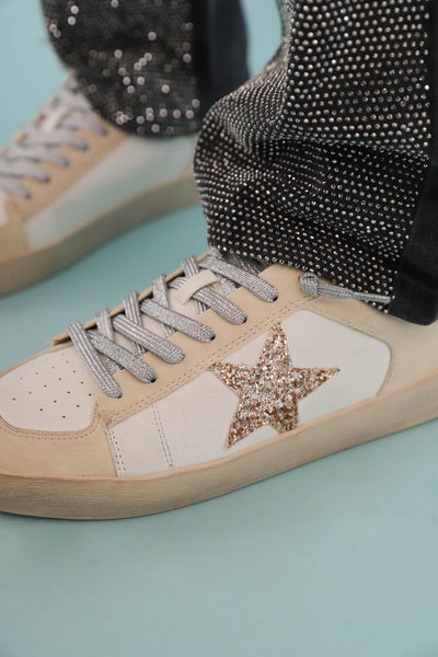 Trendy Star Sneakers- Women's GG Dupe Sneakers- Gold Star Distressed Sneakers