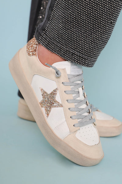 Trendy Star Sneakers- Women's GG Dupe Sneakers- Gold Star Distressed Sneakers