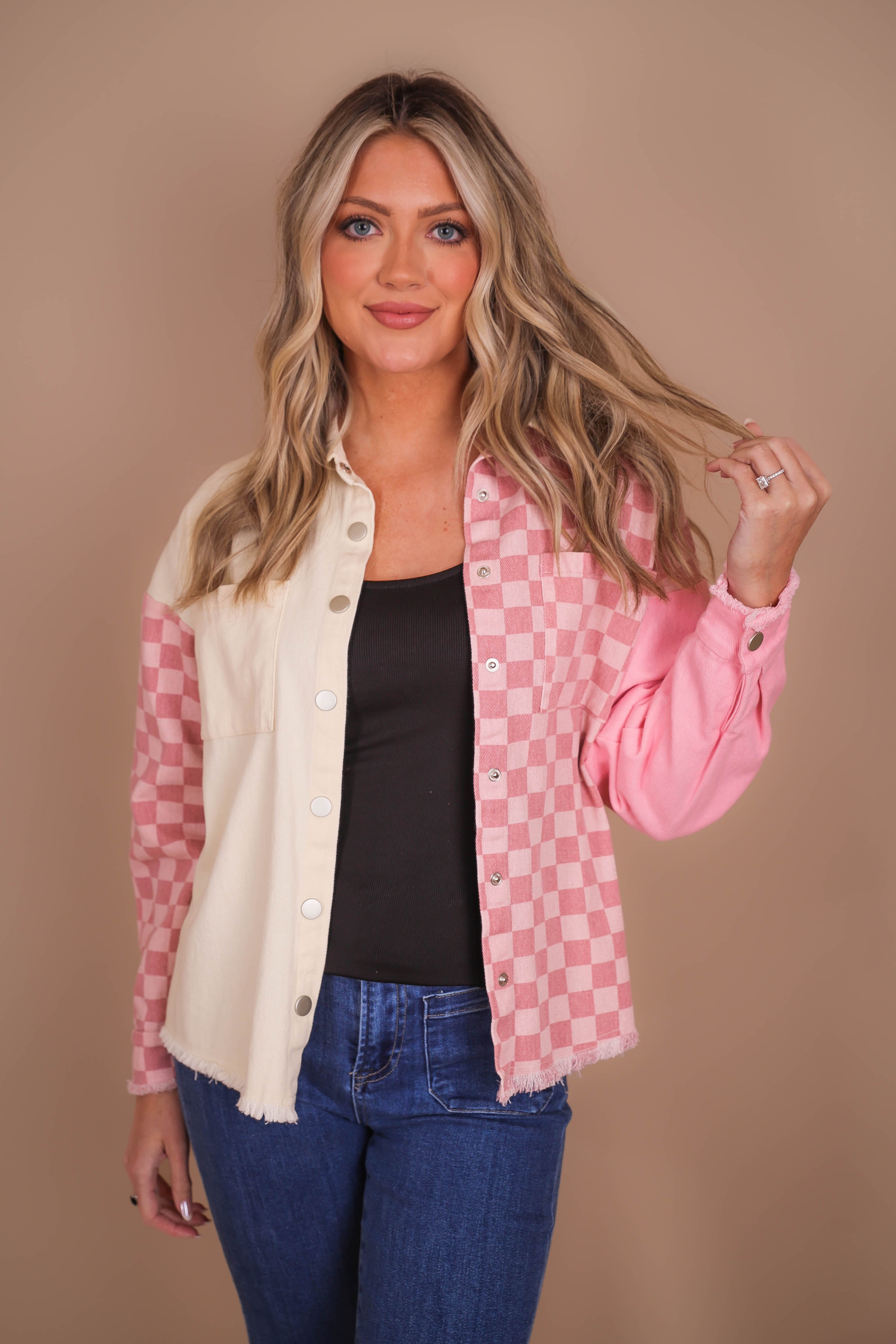 Women's Pink Shacket Pink Checkered Shacket Women's Trendy Pink