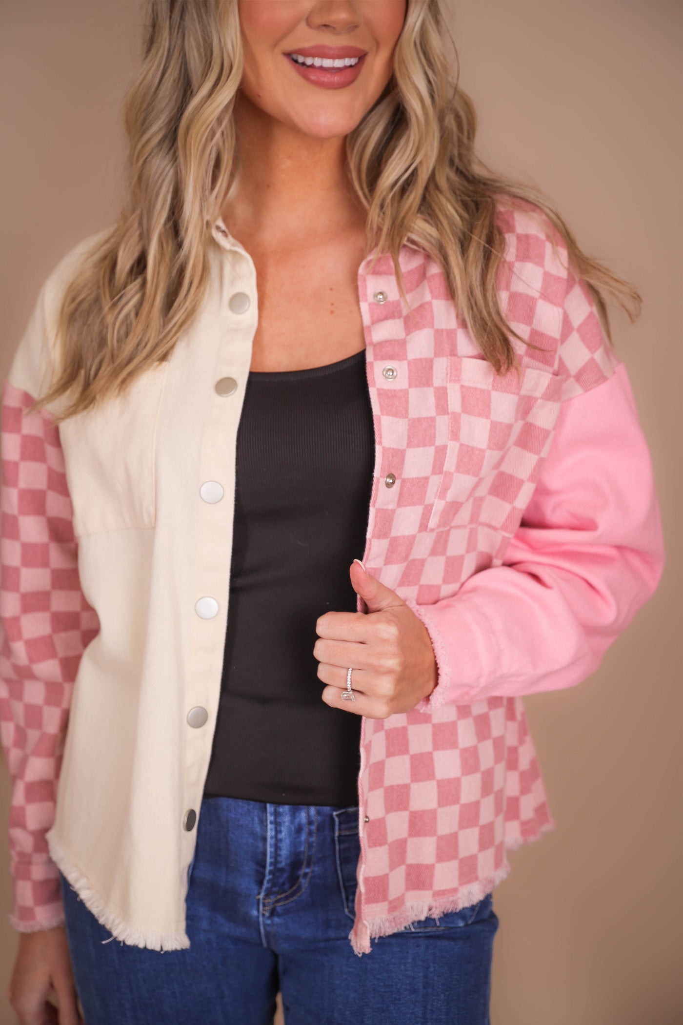 Women's Pink Shacket- Pink Checkered Shacket- Women's Trendy Pink Button Down