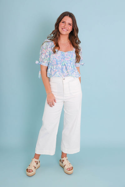 Wide Leg White Denim- Women's Front Pocket Jeans- Trendy Style Jeans