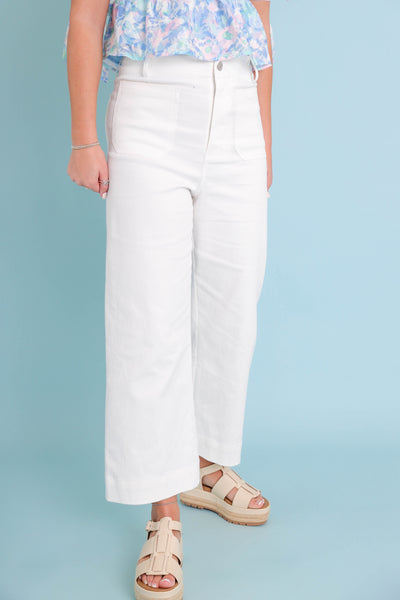 Wide Leg White Denim- Women's Front Pocket Jeans- Trendy Style Jeans