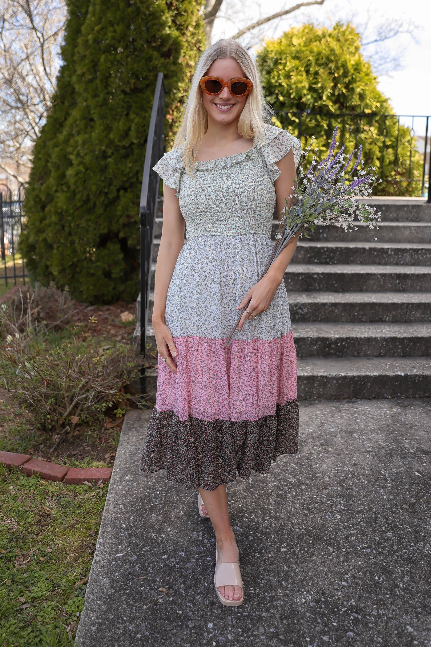Women's Dainty Floral Print Dress- LoveShack Dress Dupe- Pretty Colorblock Floral Midi Dress