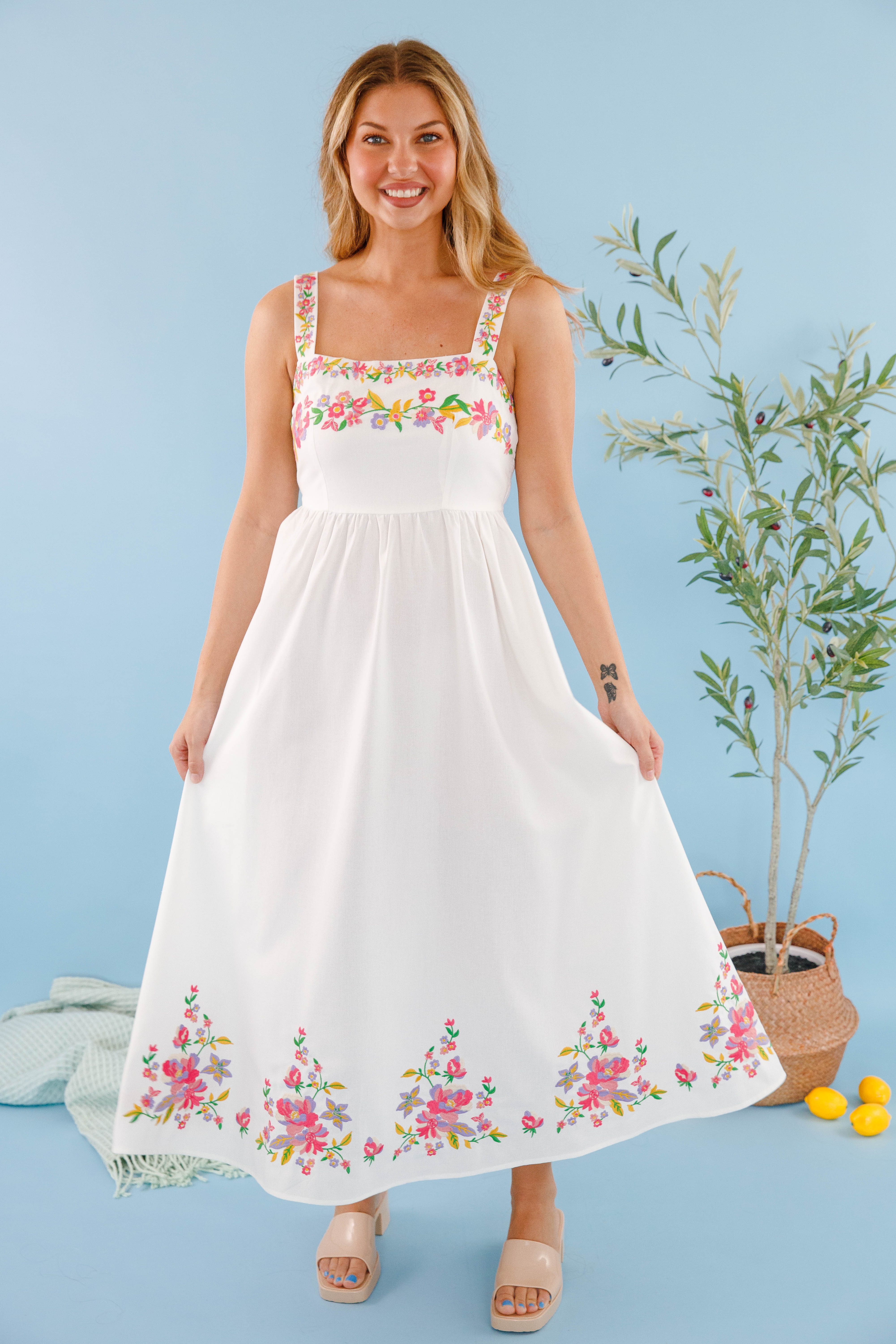 Floral Embroidered Maxi Dress- Women's White Floral Dress- Summer Dresses for Women Small
