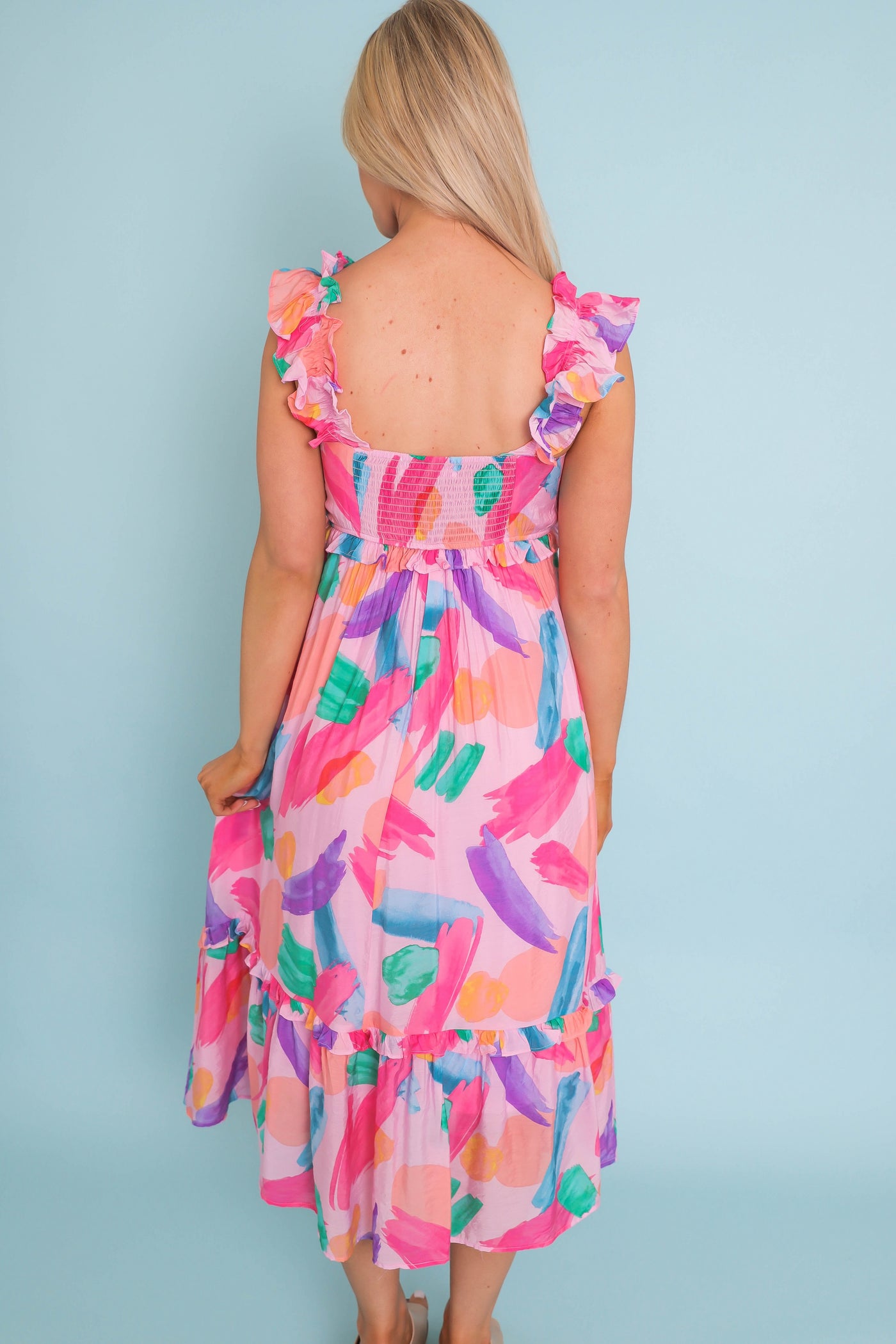 Women's Colorful Rainbow Dress- Bright Brush Stroke Dress- Colorful Blu Pepper Midi Dress