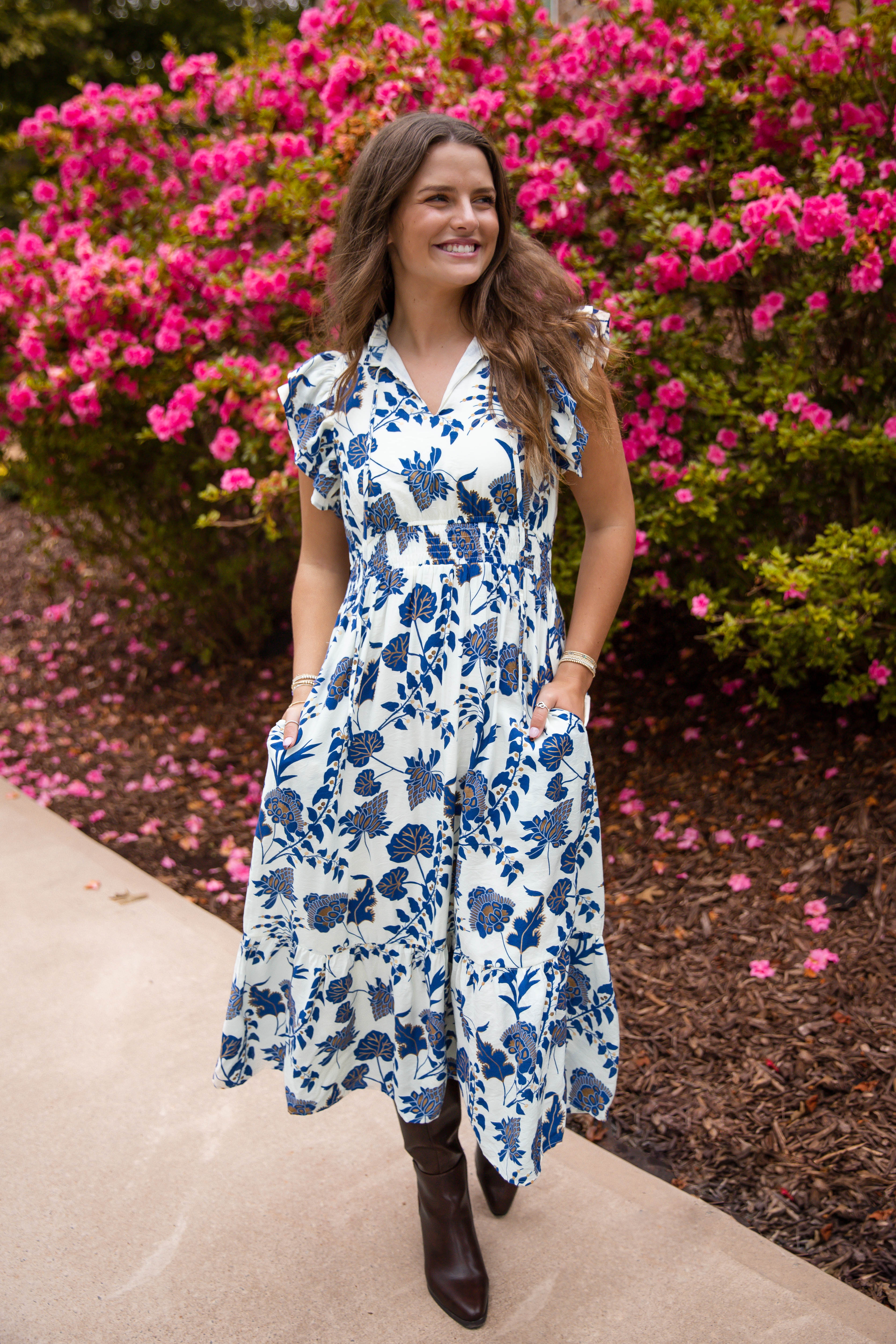 resort wear midi dresses Blue Printed Dress- Women's Dress- TCEC Small NOVELTY DRESSES this feature adds practicality 3-Piece Dresser And Nightstand Size:US10/UK14/EU40