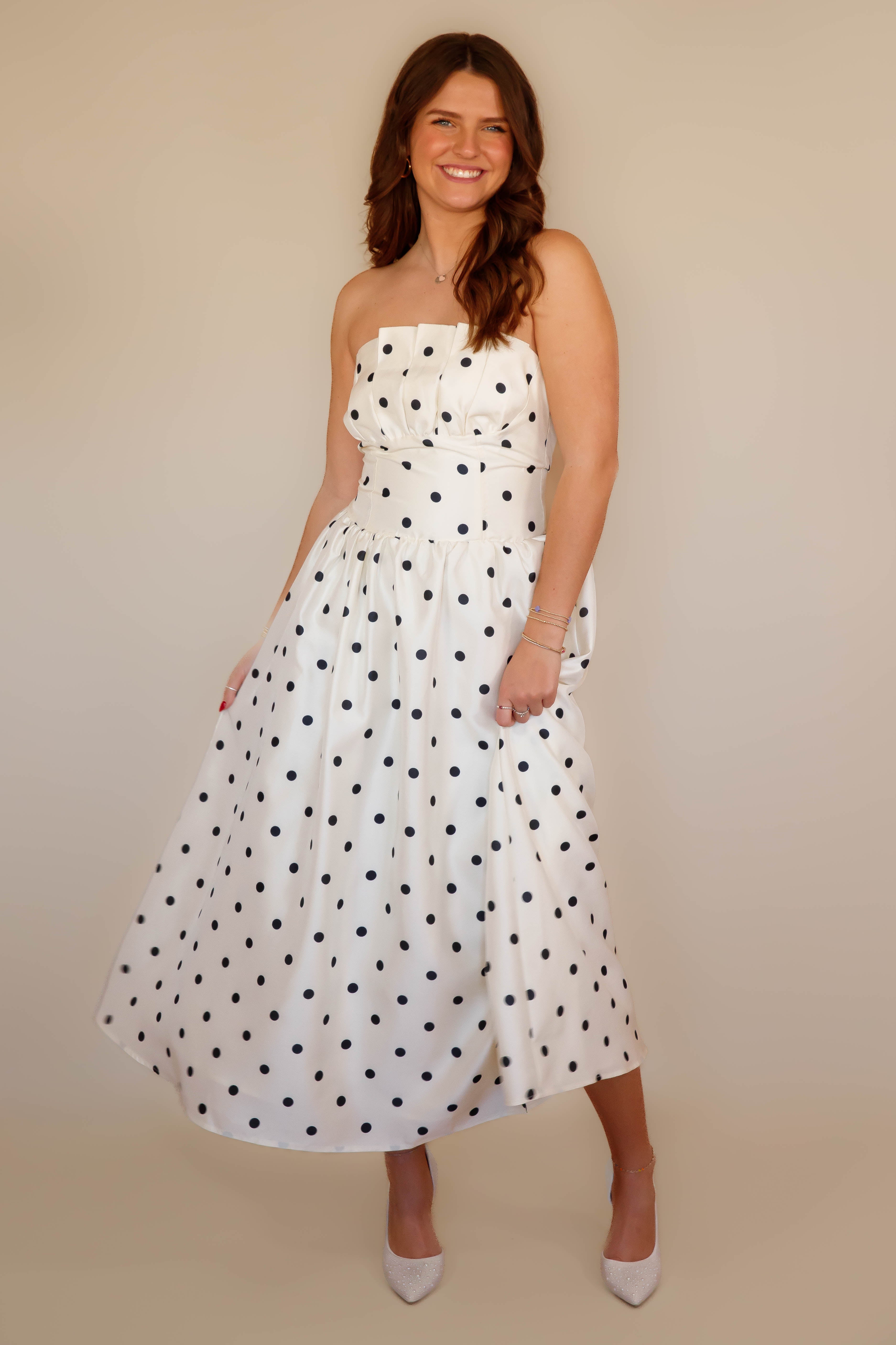 Strapless Black Polkadot Midi Dress- Women's Cocktail Dresses- Mable  Strapless Pleated Dress – Juliana's Boutique