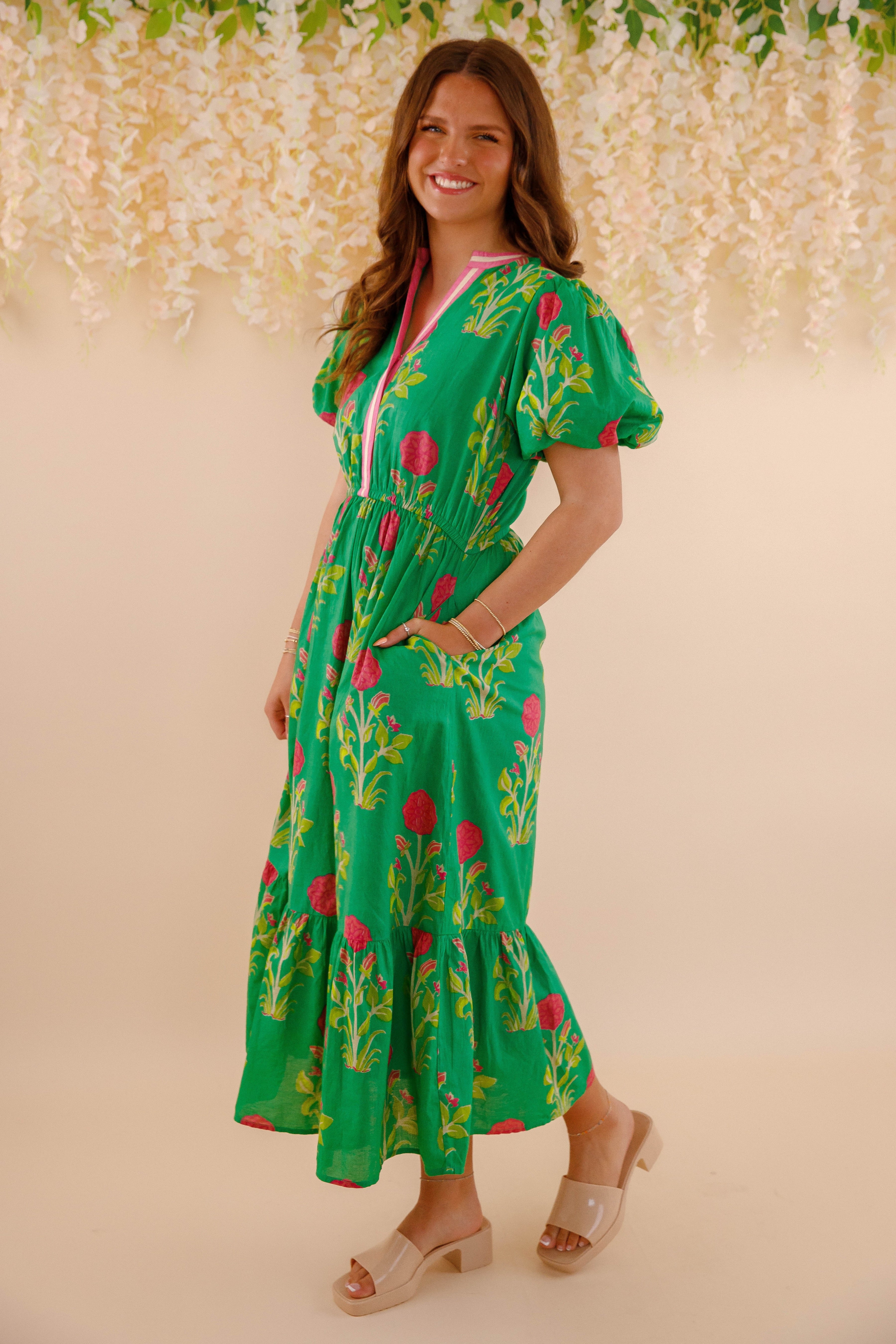 Women's Green Printed Dress- THML Midi Dress- Women's Anthro Midi Dress Extra Small