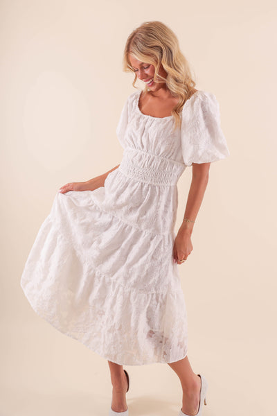 White Midi Dress with Balloon Sleeves - Classy White Lace Overlay Dress
