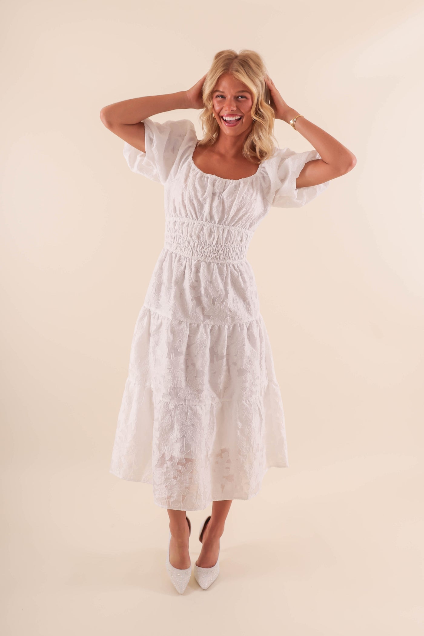 White Midi Dress with Balloon Sleeves - Classy White Lace Overlay Dress