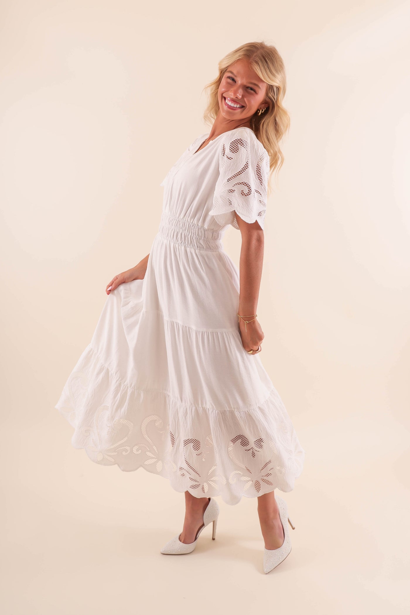 White Midi Dress with Scalloped Design - White Dress With Eyelet Design