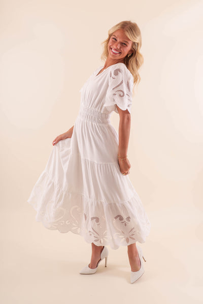 White Midi Dress with Scalloped Design - White Dress With Eyelet Design