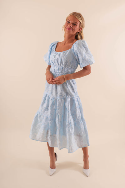 Sky Blue Midi Dress with Balloon Sleeves - Classy Blue Lace Overlay Dress