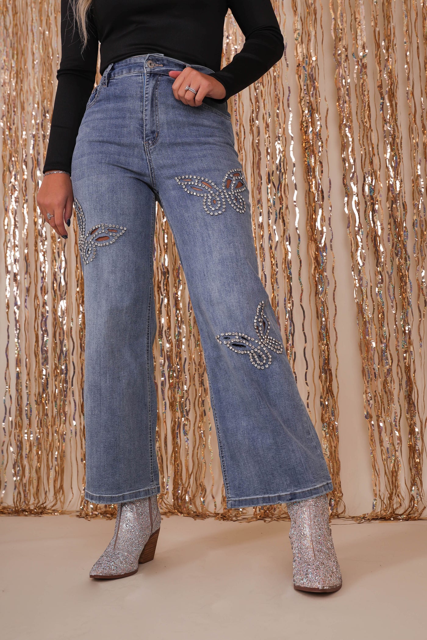 Women's Rhinestone Straight Leg Jeans- Women's Rhinestone Butterfly Denim- Taylor Butterfly Jeans