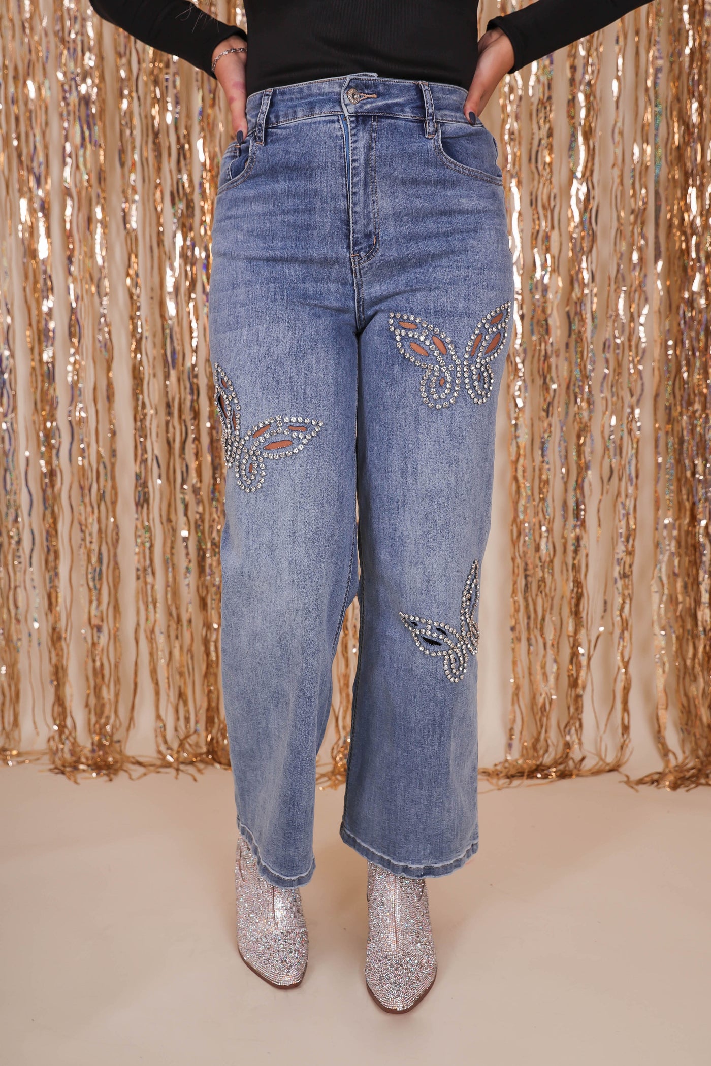 Women's Rhinestone Straight Leg Jeans- Women's Rhinestone Butterfly Denim- Taylor Butterfly Jeans