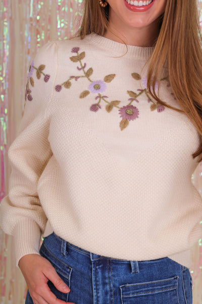 Women's Flower Embroidered Sweater- Women's Preppy Sweaters- See and Be Seen Sweater