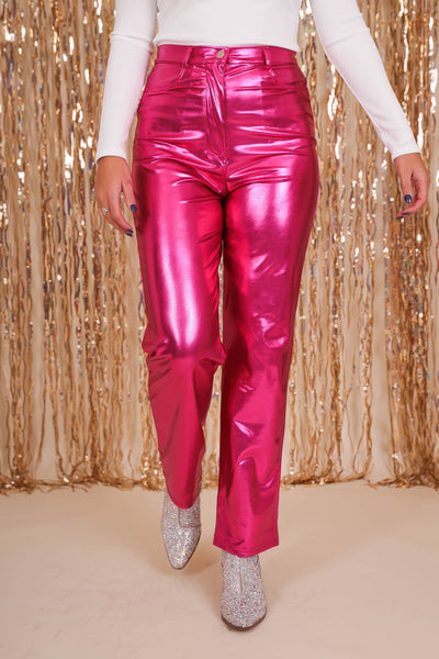 Women's Pink Metallic Pants- 2000s Style Pants