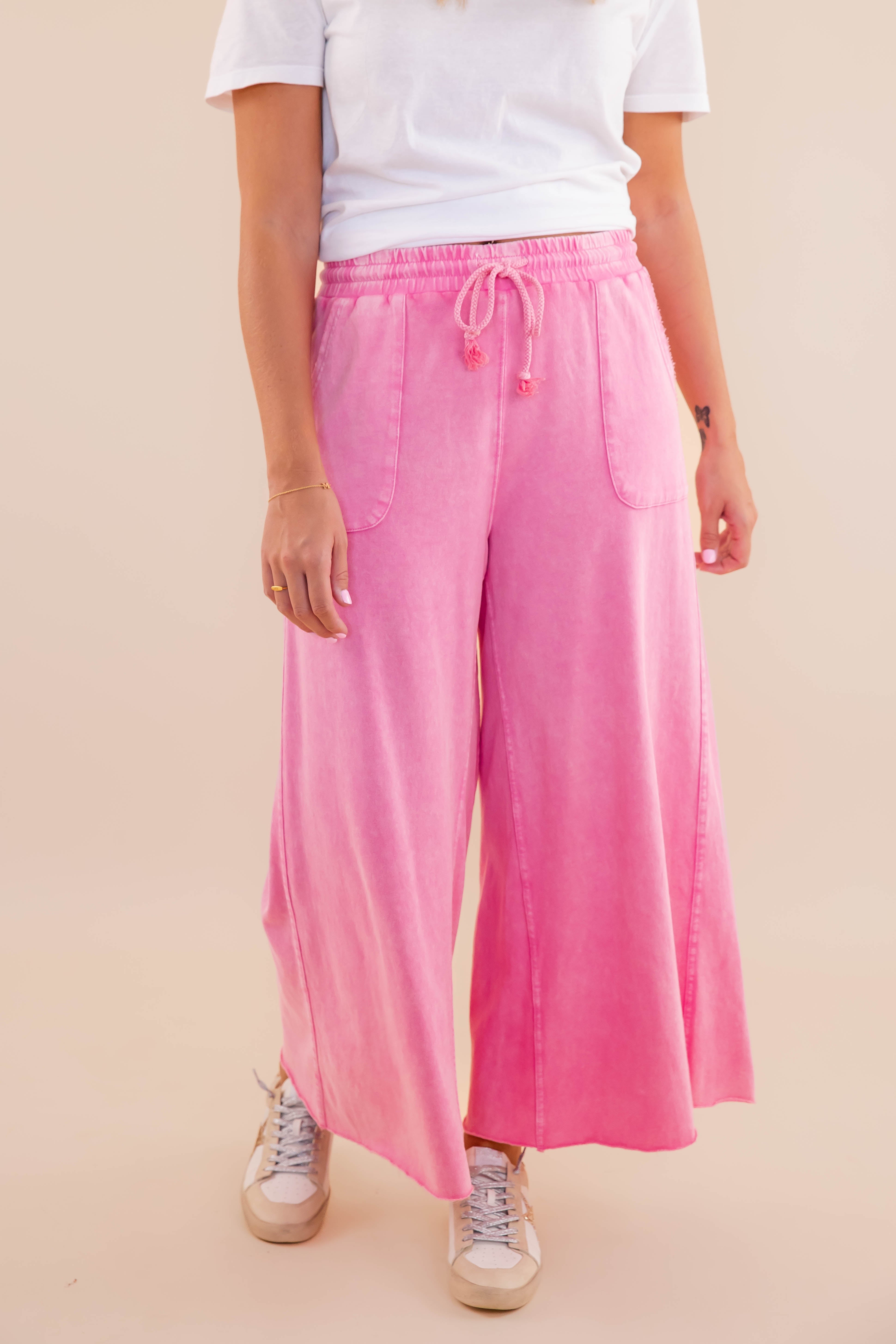 Pink Mineral Wash Travel Pants- Comfy Pink Cropped Pants- Easel