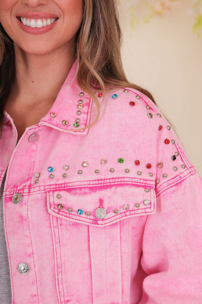 Hot Pink Acid Wash Jacket- Pink Denim Rhinestone Jacket- Timing Denim Jacket