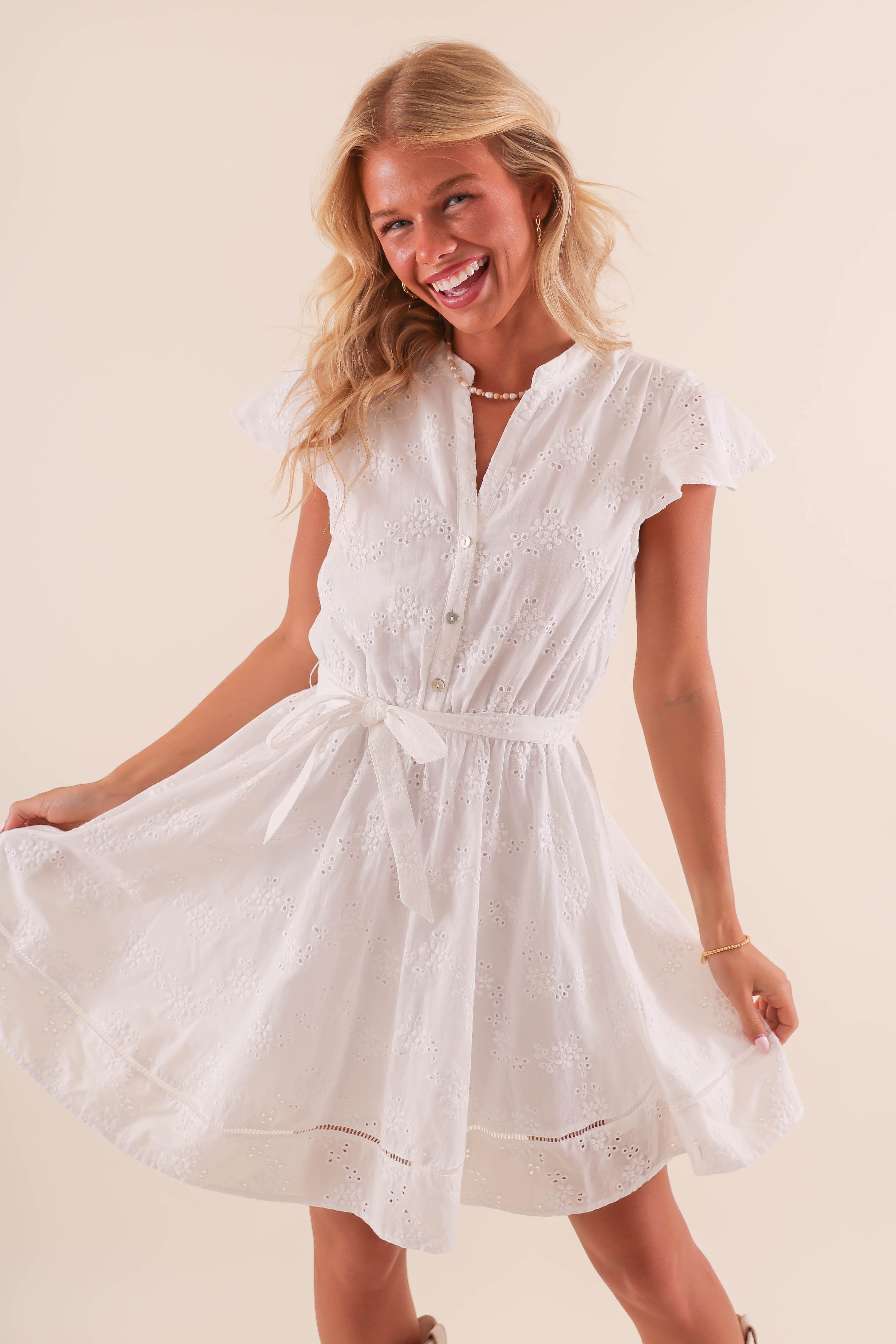 White Eyelet Button Down Dress- Women's White Summer Dresses – Juliana