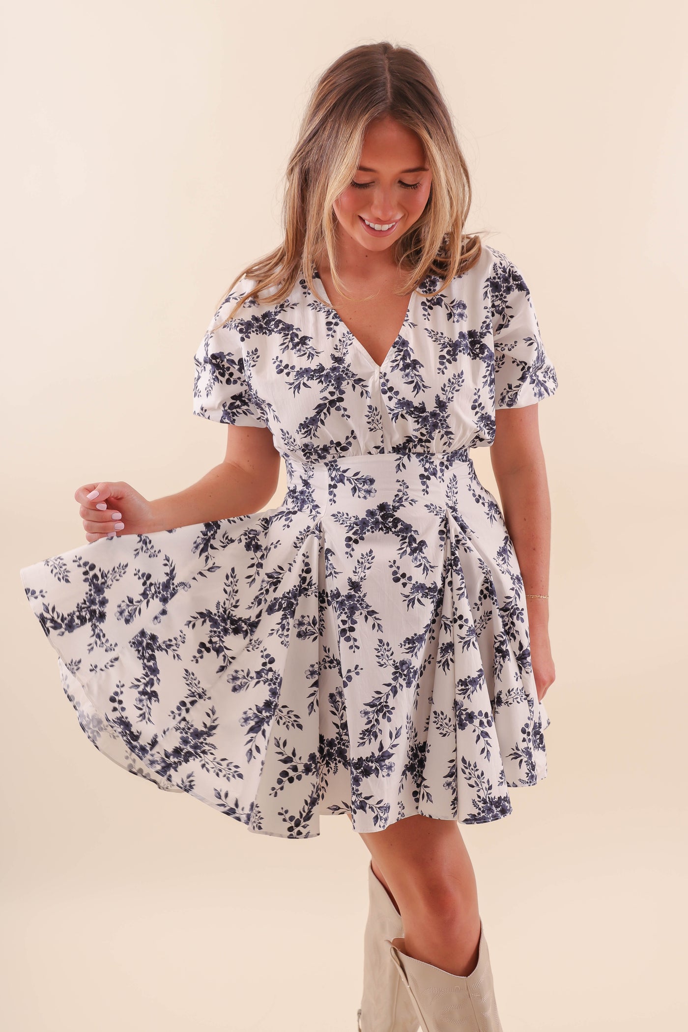 White and Navy Floral Dress- Fit and Flare Floral Dress