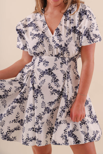 White and Navy Floral Dress- Fit and Flare Floral Dress