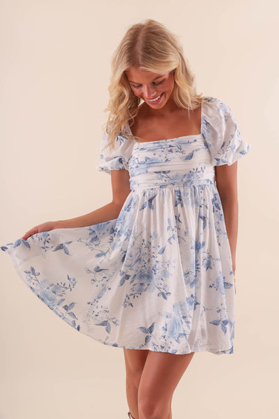 Short White and Blue Floral Dress - Floral Dress with Puffed Sleeves