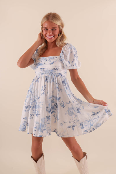 Short White and Blue Floral Dress - Floral Dress with Puffed Sleeves