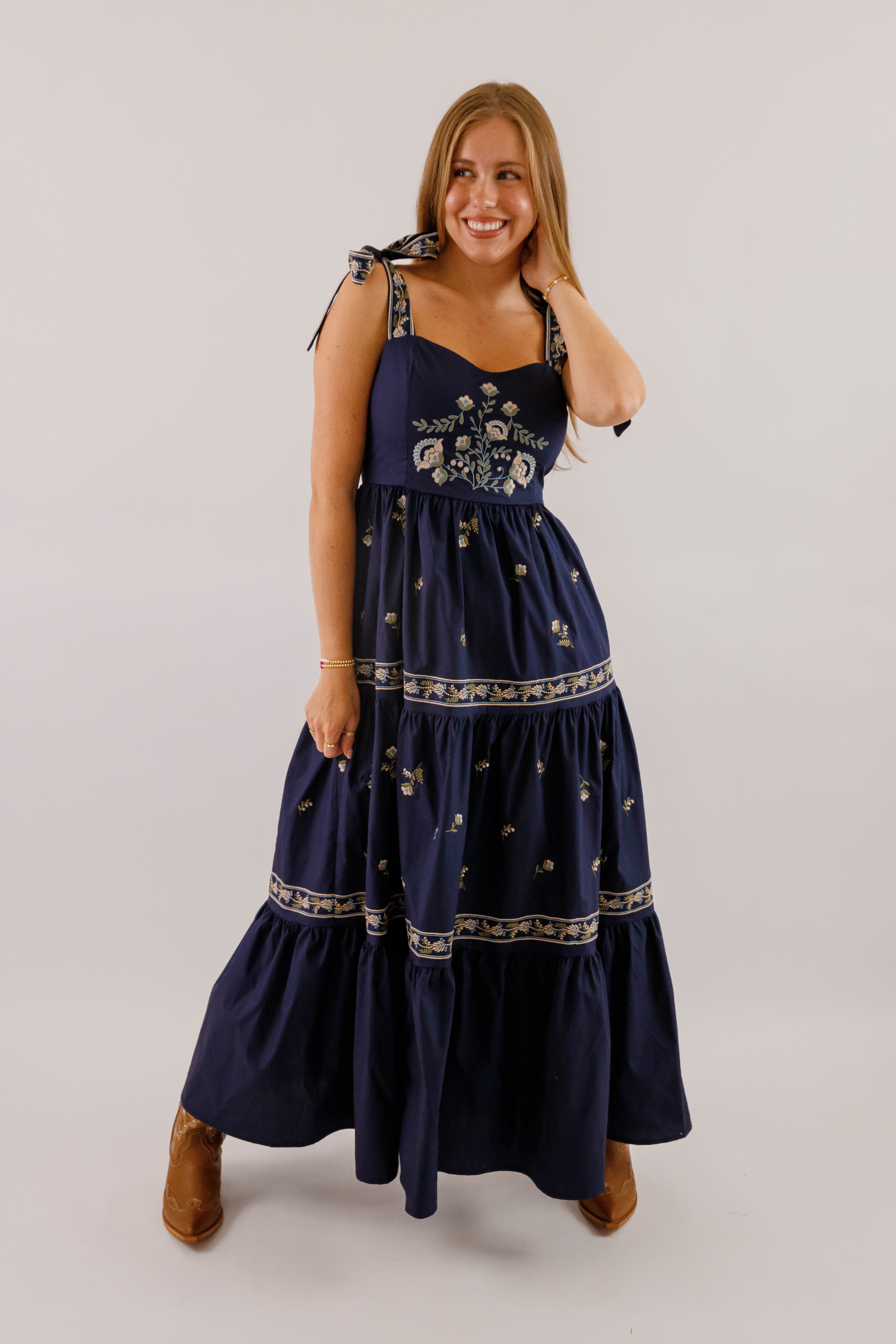 Navy Blue Embroidered Maxi- Women's Boho Style Dresses- Mable Maxi Dress Small