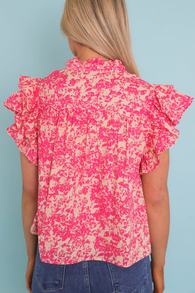 Women's Feminine Print Blouse- Women's Pink Ruffle Top- &Merci Floral Print Blouse