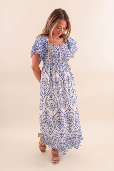 Women's White And Blue Maxi Dress- Blue Embroidered Maxi- Women's Coastal Dresses