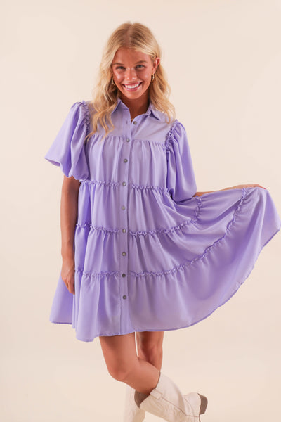 Women's Purple Puff Sleeve Dress- Button Down Ruffle Dress- Women's Summer Dresses