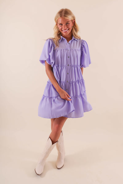 Women's Purple Puff Sleeve Dress- Button Down Ruffle Dress- Women's Summer Dresses