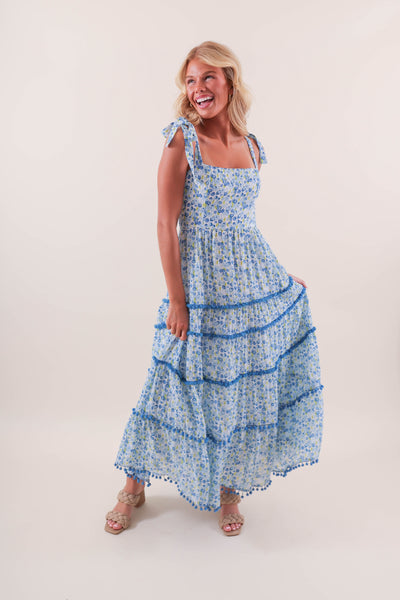 Women's Blue Printed Maxi Dress- Women's Pom Pom and Fringe Maxi- Women's Vacation Dresses
