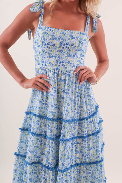 Women's Blue Printed Maxi Dress- Women's Pom Pom and Fringe Maxi- Women's Vacation Dresses