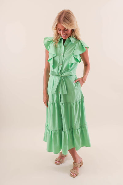 Ruffle Button-Down Poplin Midi Dress- Women's Preppy Green Midi Dress- Ruffle Green Dress