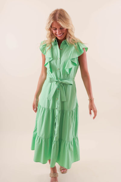 Ruffle Button-Down Poplin Midi Dress- Women's Preppy Green Midi Dress- Ruffle Green Dress