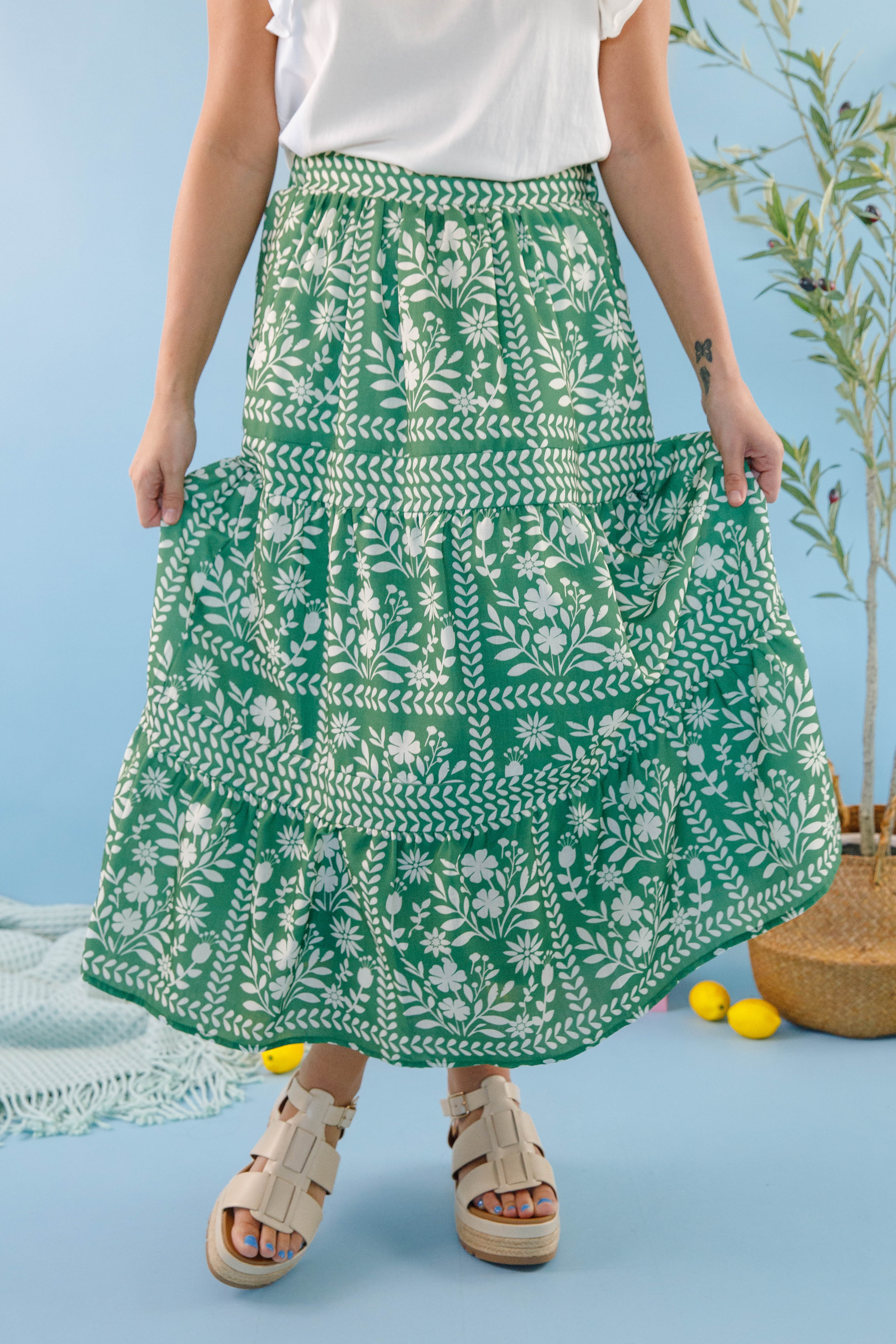 Women's Green Floral Maxi Skirt- Green and White Print Skirt- Women's Vacation Outfits Extra Large Women's Green Floral Maxi Skirt- Green and White Print Skirt- Women's Vacation Outfits Extra Large
