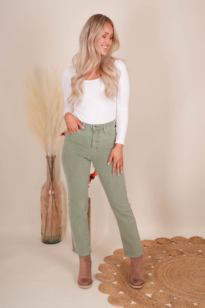 Women's Olive Green Jeans- Straight Leg Olive Pants- Women's Risen Jeans