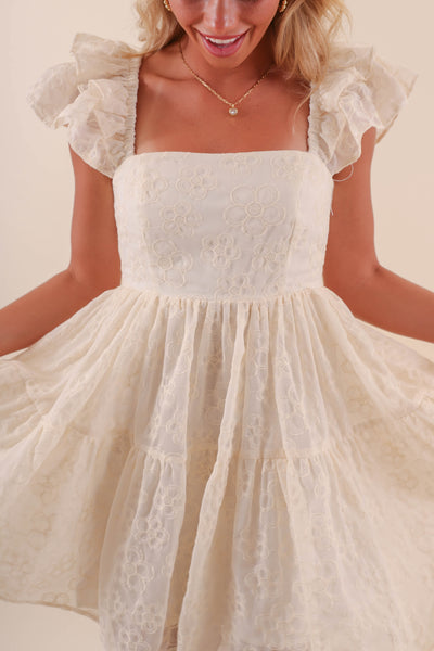 Women's Ivory Embroidered Dress- Women's Ruffle Flower Mini Dress- MABLE Dresses