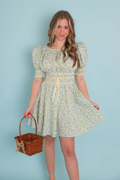 Coquette Style Dress- Women's Floral Puff Sleeve Dress- Entro Dresses