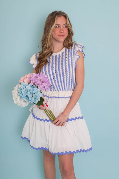 Baby Blue Stripe Sweater Mini Dress- Spring Sweater Dress- Entro Dresses