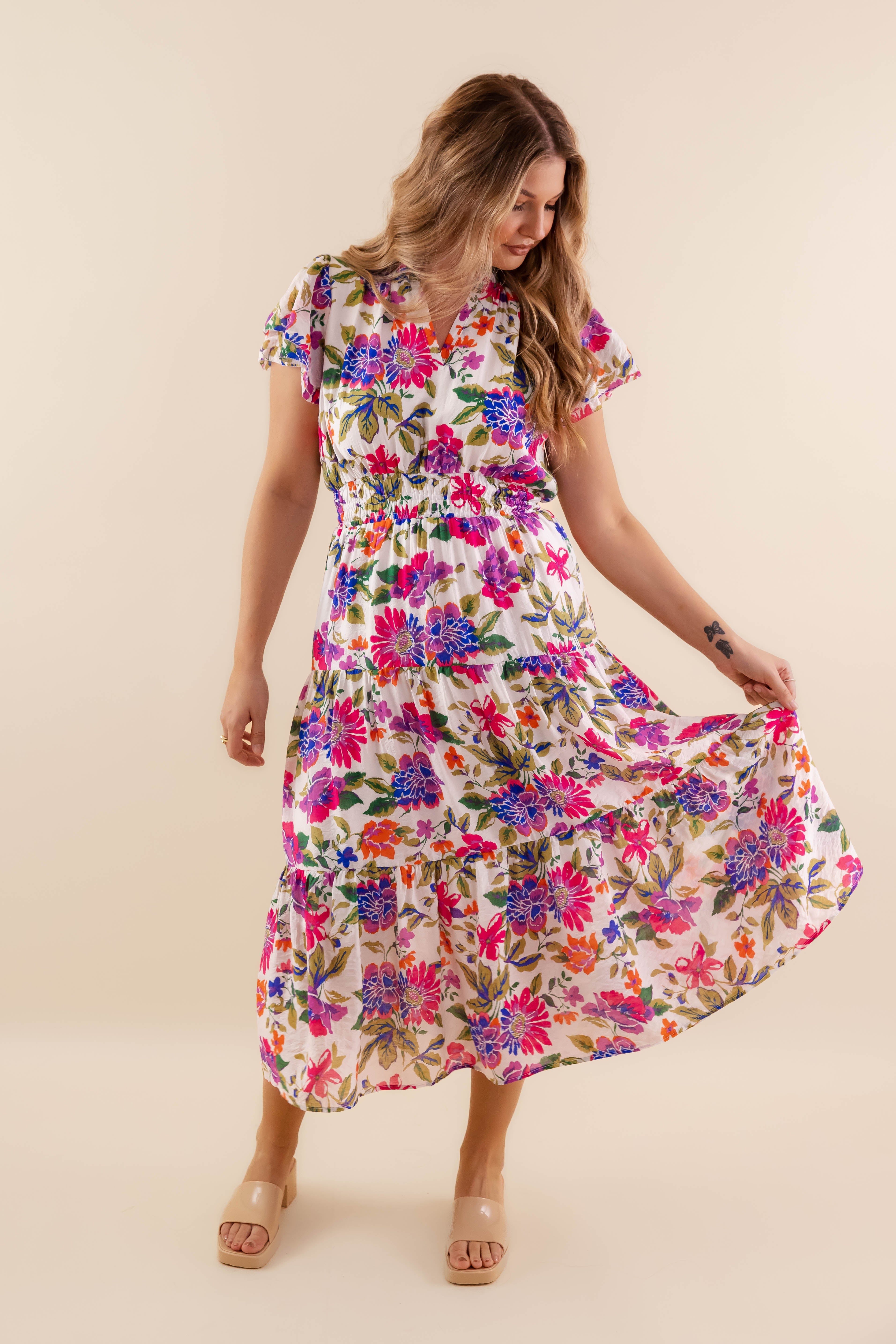 Floral Print V-Neck Midi Dress- Women's Spring Summer Midi Dress- Umgee