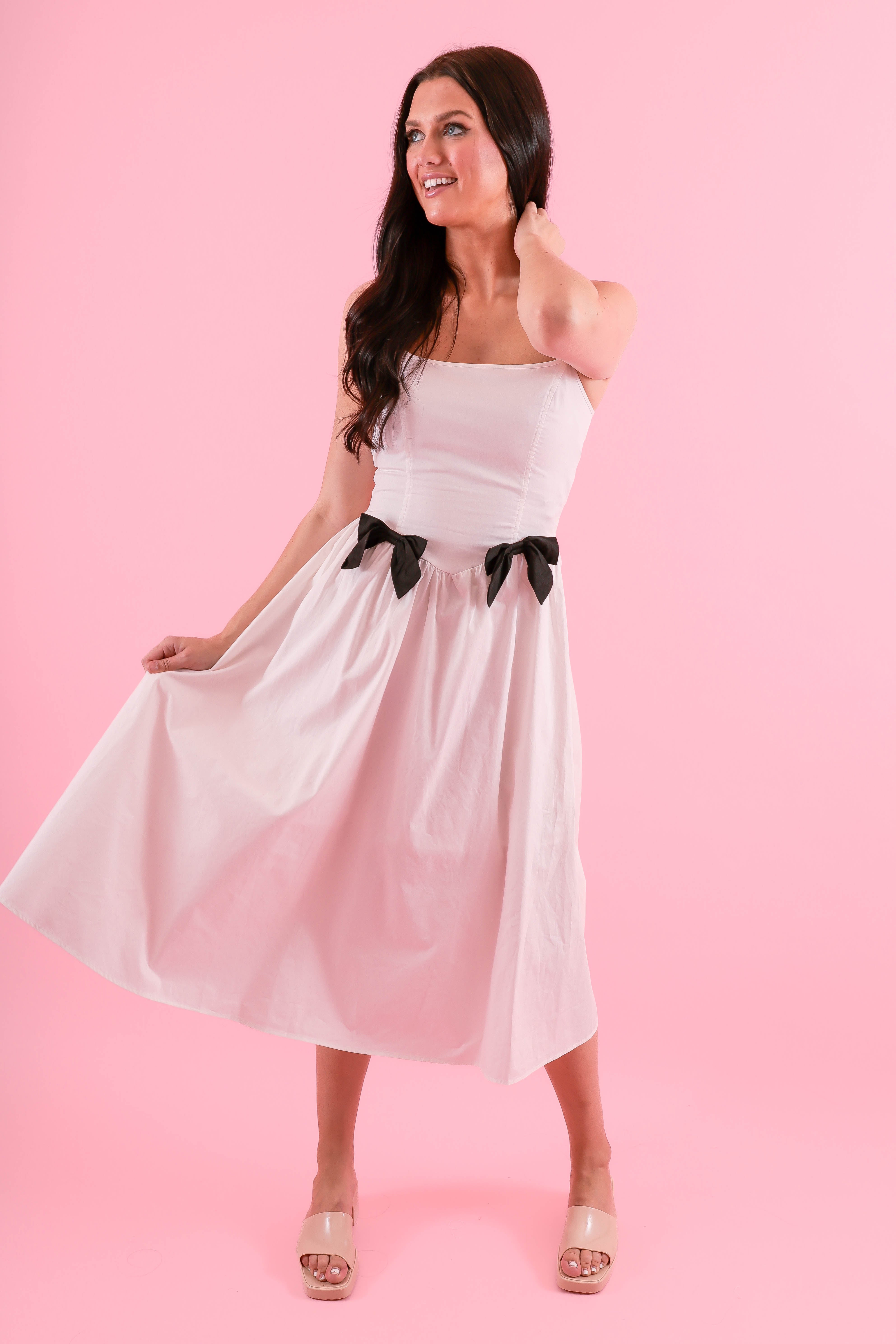 White Bridal Dress with Black Bows- Women's Black and White Dress with